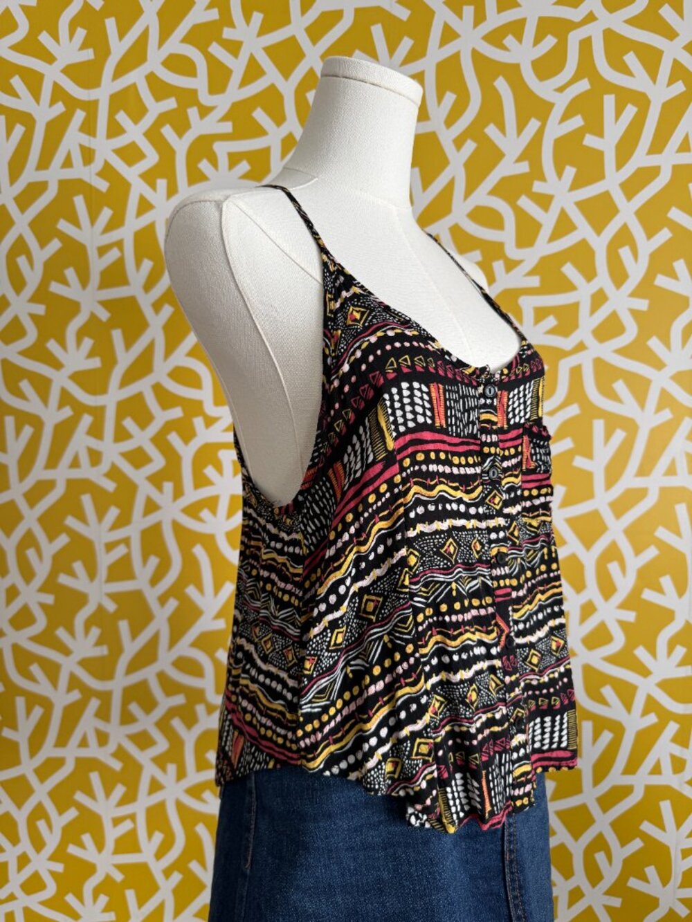 Lightweight Flowy Festival Geometric Tribal Racerback Black Camisole - S/M